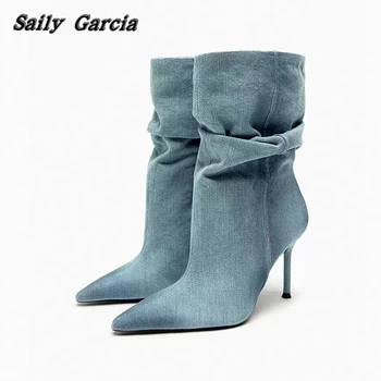 Класически Дамски ежедневни ботуши в стил INS в ретро стил, сини дънкови холщовые обувки на висок ток-висок ток, Ботуши от естествена кожа с остри пръсти