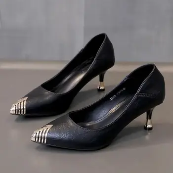 Cresfimix/ Женски Класически Черни Обувки от Изкуствена Кожа на висок ток 5 см., за Офис Дама, Висококачествени Ежедневни Вечерни Бежови Обувки на Ток A9252