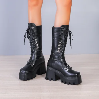 Botas Mujer / Новост 2022 г.; Зимни Обувки от лачена кожа до средата на прасците; Дамски обувки на платформа на дебелите обувки; Дамски Мотоциклетни ботуши в стил пънк с цип; Женски