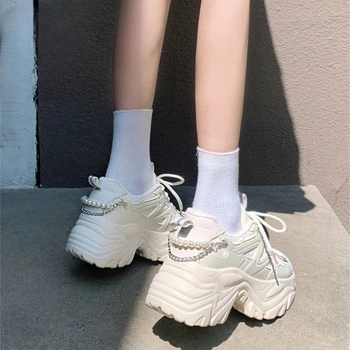 Обувки от веригата на висок ток с дебелина 8 см за момичета, лятна новост, мода 2023, дебела ежедневни однотонная обувки дантела