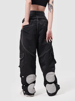 Дамски панталони в стила на Настроението Techwear контрастен цвят, Свободни нагънат тела с множество джобове, Директни ежедневни панталони за мъже