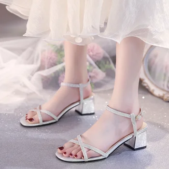 Дамски обувки 2023 г., Висококачествени сандали с катарама, дамски летни офис обувки-лодка с високи токчета, дамски обувки с отворени пръсти на площада обувки, дамски обувки
