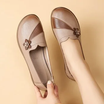 Модерен пролетно-есенни лоферы от изкуствена кожа, ежедневни дамски обувки на равна подметка, дамски лека ежедневни обувки, дамски обувки в една дръжка.