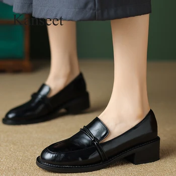 Kanseet/ Лаконичен лоферы; Дамски обувки от естествена кожа, есен ежедневни дамски ръчно изработени обувки на среден ток, без закопчалка с кръгла пръсти; Размери 41