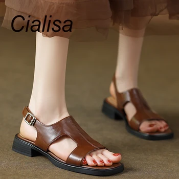 Сандали Cialisa Дамски обувки 2023 Лятна реколта кафяви ежедневни дамски сандали изработени ръчно от естествена кожа на нисък ток, с размери 40