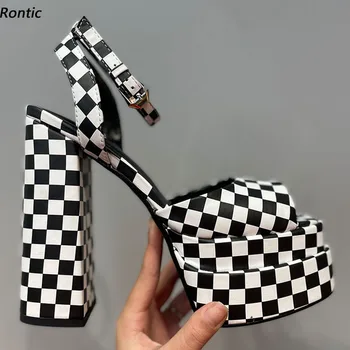 Жените платформа Rontic модни сандали мозайка модел каишка на глезена буци токчета на обувки Обувки, елегантни черни обувки на американските 4-10.5