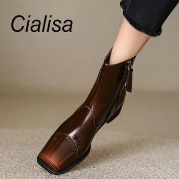 Cialisa / Модни дизайнерски полусапожки за жени; сезон есен-зима; Обувки от естествена кожа с квадратни пръсти, с цип; Ботильоны на висок ток кафяв цвят;