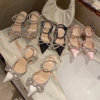 Секси Дамски обувки-лодка с кристали, с остри пръсти, Сандали на висок ток с каишка на щиколотке, Дамски Летни обувки за Сватба от копринен сатен 2023 година