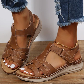 Римски сандали на танкетке, дамски летни обувки са ръчно изработени в стил ретро с мека подметка и кръг пръсти, чехли голям размер с рибено уста, Zapatos Para Mujer