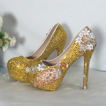 BaoYaFang С кръгло бомбе Gold crystal Peacock Crystal Сватбени обувки за младоженци Дамски модни Обувки на платформа с високи токчета за Дамски обувки лодка