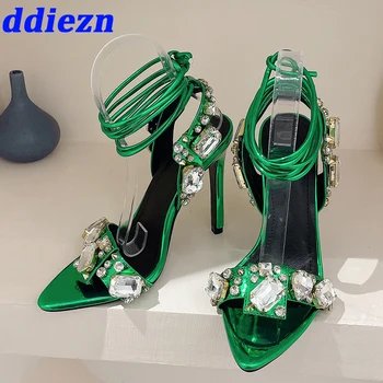 Супер високи токчета, нови дамски обувки-лодки, модерни кристали 2023, дамски официални сватбени обувки с остри пръсти, женски кристални сандали, обувки