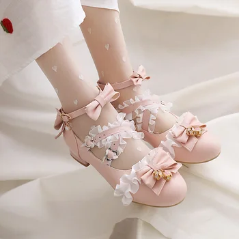 Дамски обувки 2022 г., по-големи размери, дължина на стъпалото 22-28 см, лък, дантелени вложки, перекрещивающиеся въжета, сладки обувки за момичета в стил лолита, обувки Мери Джейн