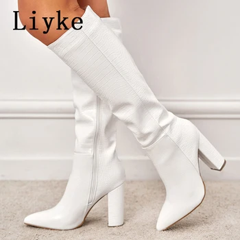 Модни Бели дамски ботуши до коляното Liyke, Чубрица кожени ботуши със змеиным принтом, с остри пръсти на квадратен ток, жените дълги боти с цип, дамски обувки