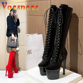 Дамски модни дълги ботуши на платформа, есен-зима, обувките на тънък висок ток, дантела, с цип, 2022, дамски ботуши до коляното с кръгло бомбе за нощен клуб