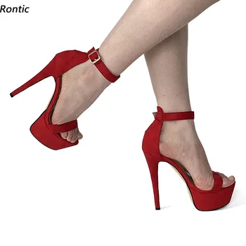 Rontic, ново записване, дамски сандали на платформа, чубрица червен модела обувки на висок ток с кръгло бомбе, размерът на САЩ 5-20