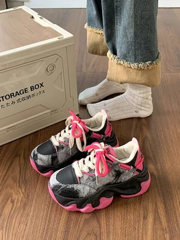 Обувки Дамски обувки на платформа Дамски обувки за тенис обувки за дебела подметка Обувки на токчета с рози 2023 Ежедневни модни лента Зима