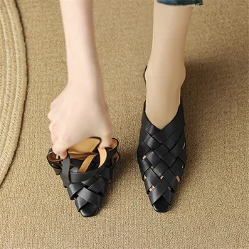 Нови летни дамски чехли от естествена кожа 2023, Сандали с квадратни пръсти на масивна токчета, Обувки от волска кожа, за жени, чехли на нисък ток