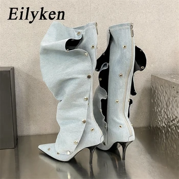 Eilyken/ Нови дизайнерски дамски ботуши до коляното на копчета и ципове, Чубрица дълги дънкови обувки, Модерни обувки на висок ток с остър пръсти