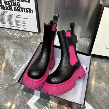 Модерни дизайнерски обувки смесени цветове, Дамски обувки в стил пънк-улица, Розови обувки на дебела подметка, Дамски обувки на дебелите обувки, Зимни обувки botas