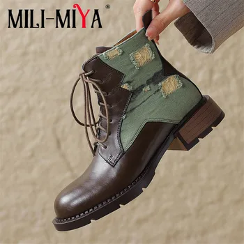 VLADO-MIYA/ Модни дамски ботильоны в ретро стил от волска кожа и деним на дебелите обувки с кръгло бомбе, големи размери диапазон 34-40, които са ръчно изработени.