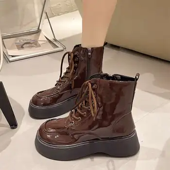 Дамски гумени ботуши с кръгло бомбе-Дамски есен обувки на плоска подметка с шнур Rain 2023, кожени дамски ботильоны в стил Лолита 