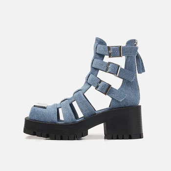 2023 Нови сини дънкови кухи сандали с дебела подметка с лятна катарама, Римски сандали на дебел висок ток, Ежедневни дамски обувки на танкетке