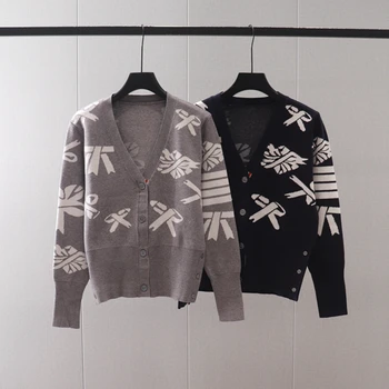 Звезден стил лук жаккардовый V-образно деколте с дълъг ръкав вязаный жилетка пуловер тенденция яке 