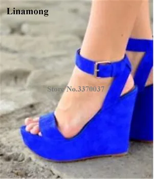 Женски нови модерни Велурени сандали на танкетке с висока платформа Синьо на цвят със синя каишка на глезена, сандали на танкетке с по-голяма височина, на модела обувки