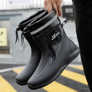 Непромокаеми мъжки обувки, Нескользящие Водоустойчив Модни Непромокаеми обувки Плюс Кадифе Топло Каучукови обувки със Средна дължина, Галоши