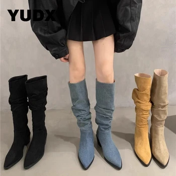 Дизайнерски ботуши до бедрото, с остри пръсти, женски нагънат улични каубойски ботуши до коляното в западен стил, зимни дамски обувки на нисък и дебел ток