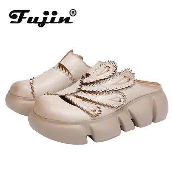 Fujin 4 см, Обувки от естествена кожа, Дамски лятна дизайнерски обувки, Луксозни Модни Дамски чехли на платформа и танкетке