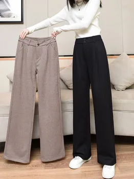 Вълнени дамски панталони с висока талия, дебели обикновена широки панталони, всекидневни есенно-зимни панталони с копчета, нови модни дамски панталони цялата дължина.
