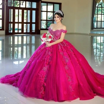 Буйни бални рокли Aenyrst Quinceanera, Мексикански дантела във формата на сърце, 3D цвете, разкошни бални рокли с аппликацией на раменете, луксозни празнични рокли