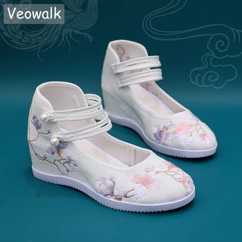 Veowalk, Женски парусиновые бродирани обувки на скрита танкетке и платформа, елегантни Дамски обувки-лодка с каишка на щиколотке, маратонки в бял цвят