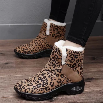 Дамски ботуши с леопардовым принтом 2023, Зимни Флисовые Топли зимни обувки за Жени на платформата и масивна Ток, Жените Ботильоны Botas De Mujer