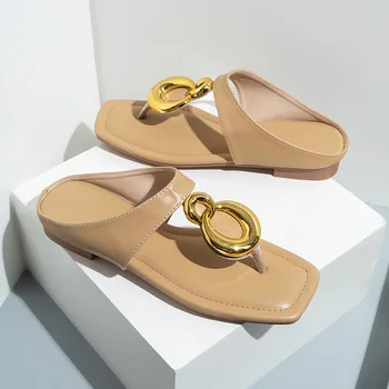 Дамски сандали модни летни чехли на открито 2023 Нова Плажна обувки, Ежедневни обувки на плоска подметка Дамски обувки с квадратни глави Обувки