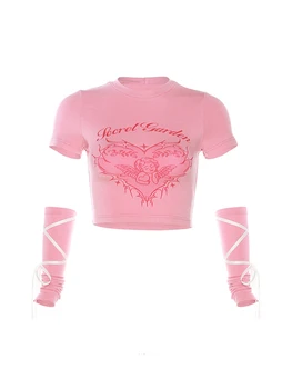 Дамски Розова тениска с графичен принтом Harajuku В Корейски стил Y2k, Риза в стил Емо 2000-те, Дрехи на 90-те години, Естетически Реколта Модни тениски 2023, Есен