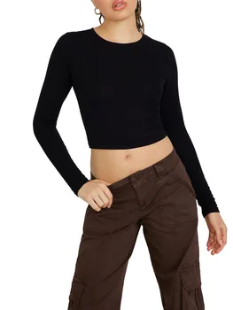 Дамски панталони основни върхове, обикновен ежедневни тениски хипита с кръгло деколте и дълъг ръкав, есенна градинска облекло