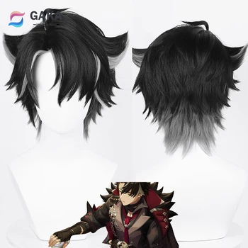 Cosplay-перука GAKA Game Genshin Impact Wriothesley Синтетичен Кратък Пухкави черно-сива перука от смесени коса, огнеупорни перука за парти