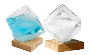Щормово стъкло, предсказване на времето, Кристален бутилка с прогнозата за времето, модел воден куб с дървена основа, настолни украса за вашия домашен офис