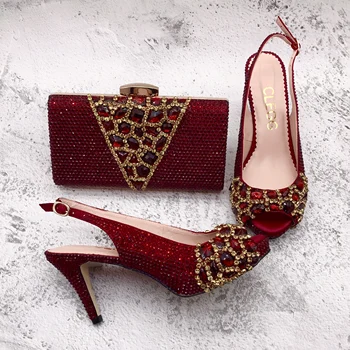 Дамски сандали изработени ръчно BS1615, сватбени обувки са ръчно изработени, луксозни вино-червено, бордо, кристални обувки с подходящи торби, комплект