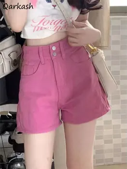 Дънкови шорти Дамски Розови, свободна градинска облекло, с висока талия, основен празничен корейски стил, Шик широки панталони, универсална мода за участие в търг студенти