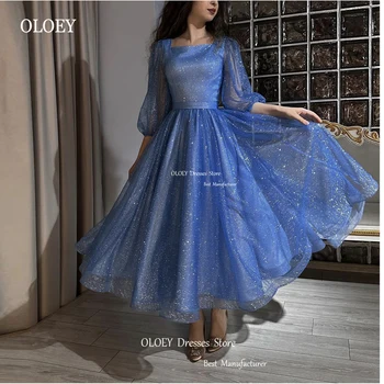 OLOEY Блестящи сини тюлевые рокли за абитуриентски бал с дълги ръкави 3/4 и квадратни деколтета, Блестящи Арабски дамски официални рокли за парти, рожден ден.