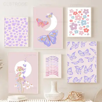 Виолетови плакати и щампи с изображение на цветя-пеперуда на стената, Скандинавски фантазия, розова живопис върху платно, естетически картини за вашия интериор дневна