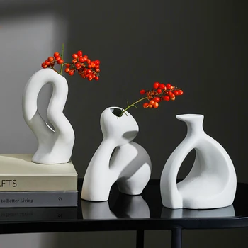 Бели керамични вази за цветя Творческа матова странна форма, Малка декоративна ваза ръчно изработени, маса за декорация на стаи в скандинавски стил