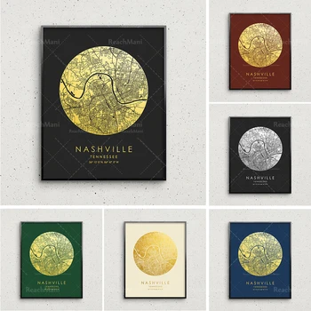 Печат на карти Нэшвилла, златна и сребърна кръгова карта, рисувани стенни Нэшвилла, плакат на град Нешвил, най-голямата идея за подарък с карта