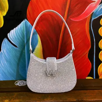Брилянтна женствена чанта през рамо Rhinetstone, малка благородна диамант чанта-тоут, луксозен дизайн, чантата във формата на полумесец, чанта през рамо