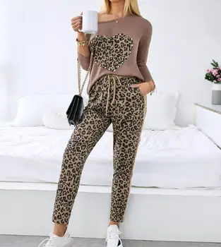 Жена комплект от две части пролетна мода 2023 топ с наклонена яка и дълги ръкави, расшитый мъниста, принт във формата на сърце и случайни комплект панталон с джобове леопардовыми