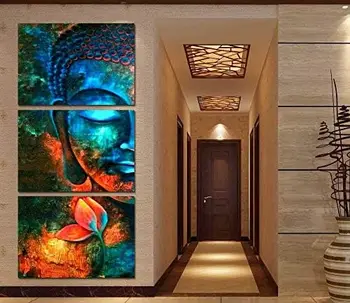 3шт Абстрактен син Буда декор Печат Върху Платно Картина За вашия интериор, Дневна картина PT1056, 50x70cmx3pcs, Художествен дизайн, в Рамката на pr