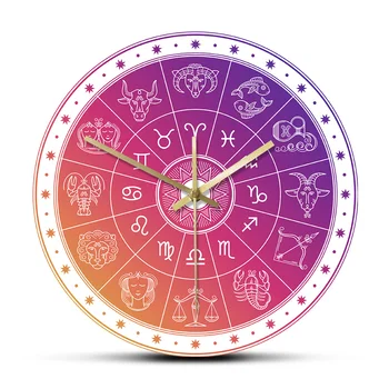 Цветен дизайн Астрологична кръг със знаците хороскоп, Акрилни стенни часовници с абстрактно астрономически принтом, стенни часовници с модерен дизайн
